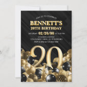 Invitation Ballons Black Gold 20e anniversaire (Devant)