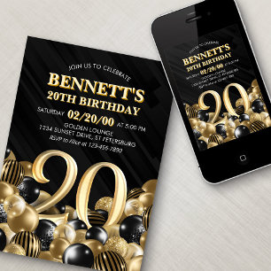 Invitation Ballons Black Gold 20e anniversaire