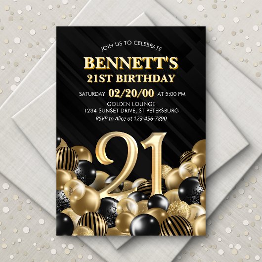 Invitation Ballons Black Gold 21e anniversaire