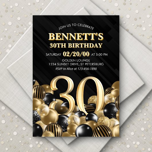 Invitation Ballons Black Gold 30e anniversaire