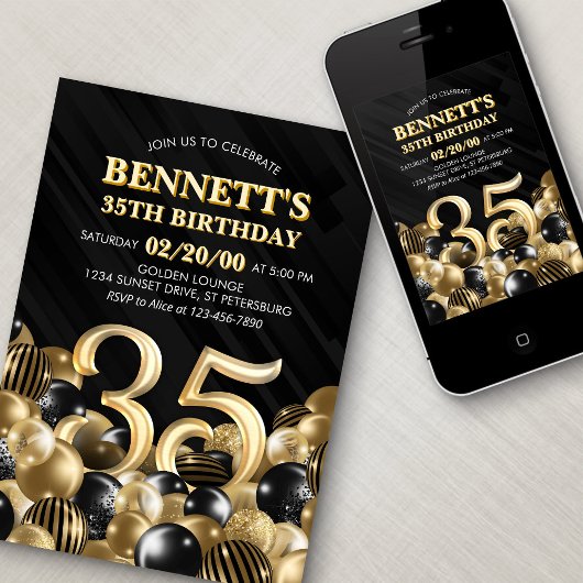 Invitation Ballons Black Gold 35e anniversaire