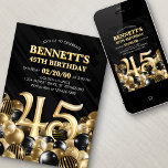 Invitation Ballons Black Gold 45e anniversaire<br><div class="desc">Des tas et des tas de ballons - ce design ne résiste pas ! Doté de chiffres audacieux et d'une typographie élégante dans un espace qui déborde littéralement de ballons, ce design est un coup de fouet instantané. Le jeu de couleurs doré et noir et la typographie rétro donnent une...</div>