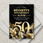 Invitation Ballons Black Gold 50e anniversaire<br><div class="desc">Des tas et des tas de ballons - ce design ne résiste pas ! Doté de chiffres audacieux et d'une typographie élégante dans un espace qui déborde littéralement de ballons, ce design est un coup de fouet instantané. Le jeu de couleurs doré et noir et la typographie rétro donnent une...</div>