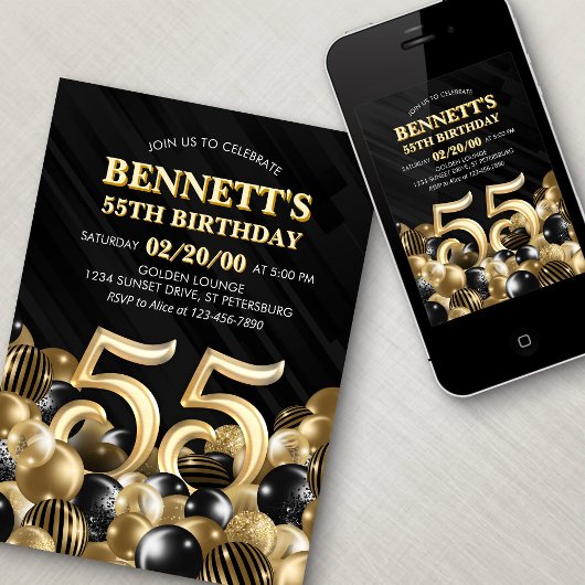 Invitation Ballons Black Gold 55e anniversaire