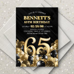 Invitation Ballons Black Gold 65e anniversaire<br><div class="desc">Des tas et des tas de ballons - ce design ne résiste pas ! Doté de chiffres audacieux et d'une typographie élégante dans un espace qui déborde littéralement de ballons, ce design est un coup de fouet instantané. Le jeu de couleurs doré et noir et la typographie rétro donnent une...</div>