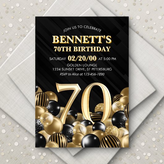 Invitation Ballons Black Gold 70e anniversaire