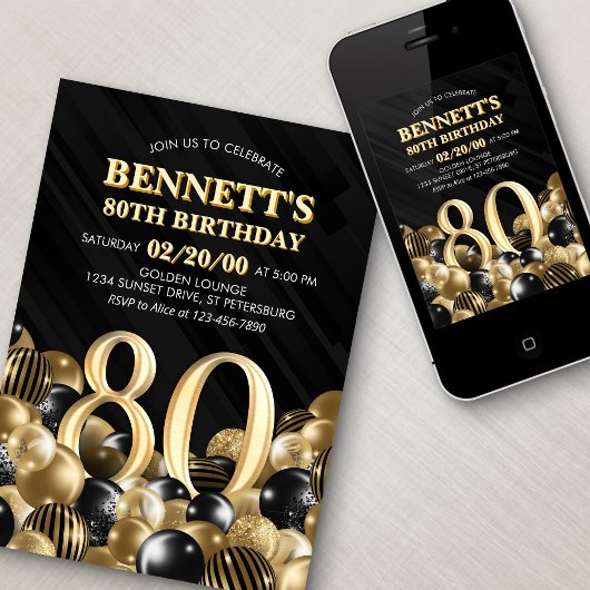 Invitation Ballons Black Gold 80e anniversaire