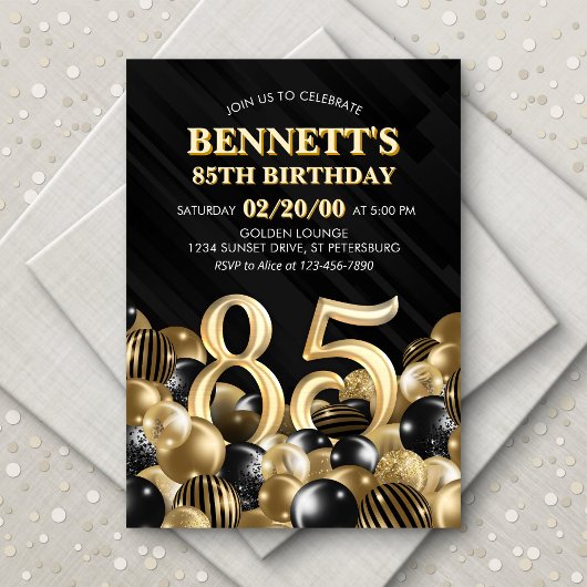 Invitation Ballons Black Gold 85e anniversaire