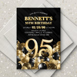 Invitation Ballons Black Gold 95e anniversaire<br><div class="desc">Des tas et des tas de ballons - ce design ne résiste pas ! Doté de chiffres audacieux et d'une typographie élégante dans un espace qui déborde littéralement de ballons, ce design est un coup de fouet instantané. Le jeu de couleurs doré et noir et la typographie rétro donnent une...</div>