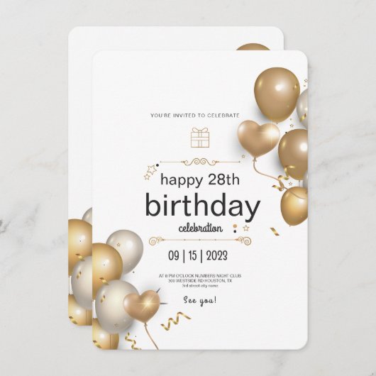 Invitation Ballons Blanc Et Or Anniversaire (Devant / Derrière)