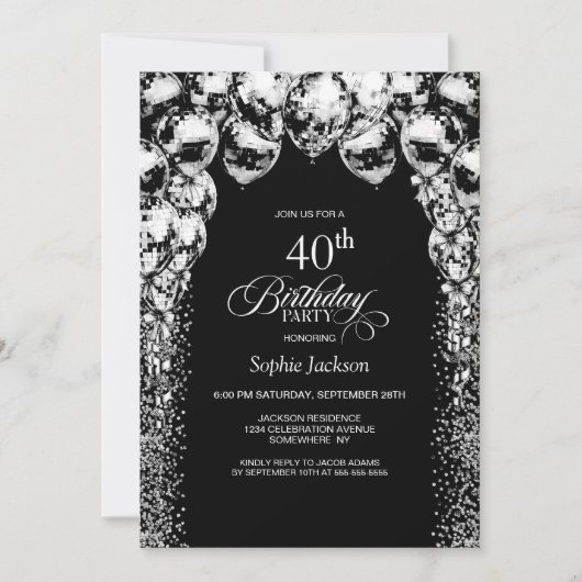 Invitation Ballons blancs noirs 40e fête d'anniversaire (Devant)