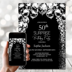 Invitation Ballons blancs noirs Surprise 50e anniversaire fêt