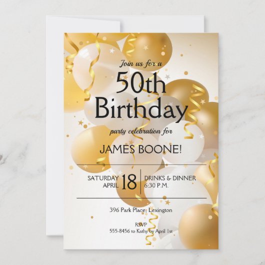 Invitation Ballons blancs or Anniversaire (Devant)