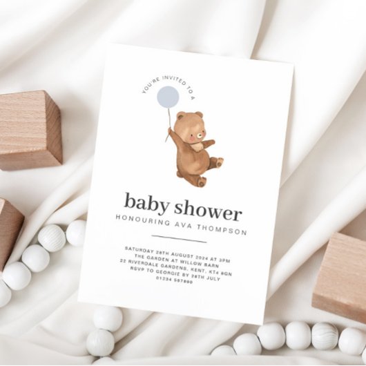 Invitation Ballons bleu Baby shower Ours en Teddy