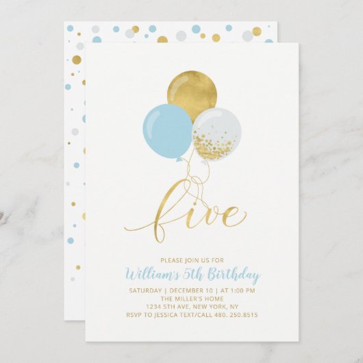 Invitation Ballons bleu clair et or Cinq 5ème anniversaire (Devant / Derrière)