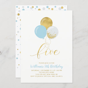 Invitation Ballons bleu clair et or Cinq 5ème anniversaire