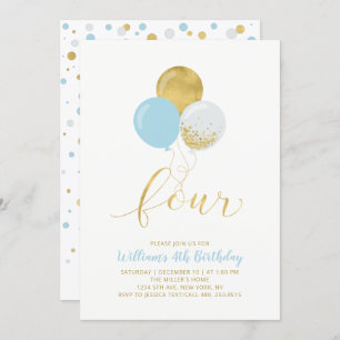 Invitation Ballons bleu clair et or Quatre fête d'anniversair