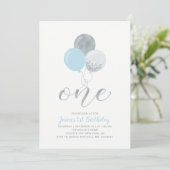 Invitation Ballons bleu et argent | Un 1er anniversaire de ga (Debout devant)