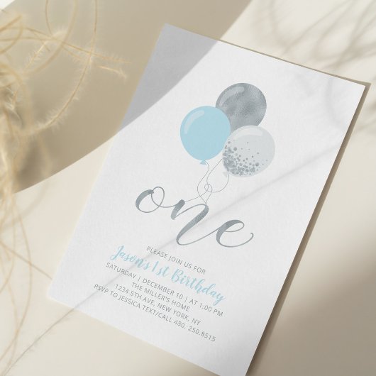 Invitation Ballons bleu et argent | Un 1er anniversaire de ga