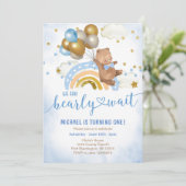 Invitation Ballons bleu et or Ours en peluche fête d'annivers (Debout devant)