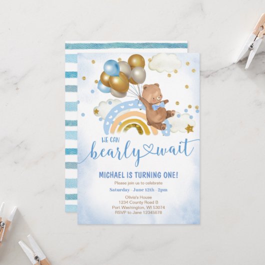 Invitation Ballons bleu et or Ours en peluche fête d'annivers (Devant/Arrière en situation)