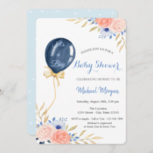 Invitation Ballons bleu fleur, Baby shower de points