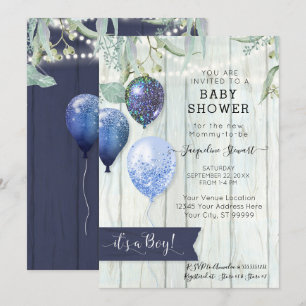 Invitation Ballons bleu marine Baby shower rustique Bois Bois