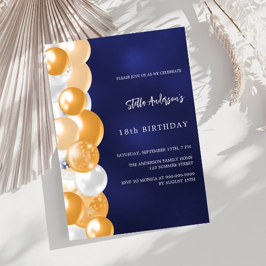 Invitation Ballons bleu marine or anniversaire