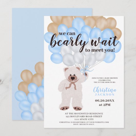 Invitation Ballons bleu ours en peluche mignon garçon baby sh (Devant / Derrière)