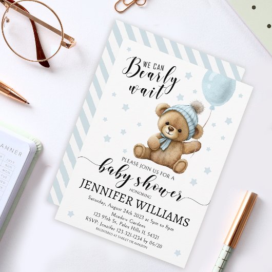 Invitation Ballons bleu ours en teddy garçon baby shower invi