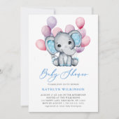 Invitation Ballons bleu petit éléphant Script Baby shower mig (Devant)