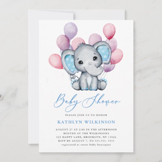 Invitation Ballons bleu petit éléphant Script Baby shower mig (Devant)
