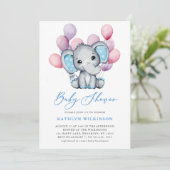 Invitation Ballons bleu petit éléphant Script Baby shower mig (Debout devant)