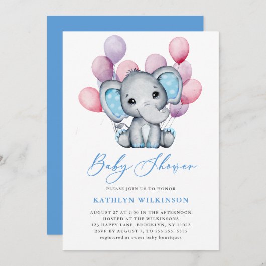 Invitation Ballons bleu petit éléphant Script Baby shower mig (Devant / Derrière)