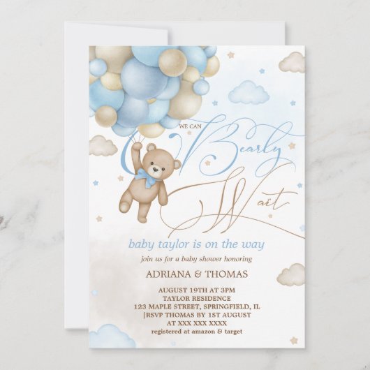Invitation Ballons bleu Teddy Bear Baby shower garçon (Devant)