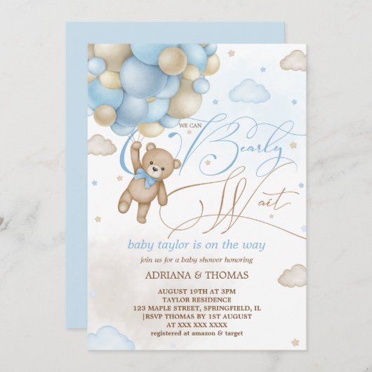 Invitation Ballons bleu Teddy Bear Baby shower garçon (Devant / Derrière)