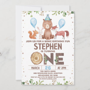 Invitation Ballons Bleus Animaux de forêt 1er anniversaire