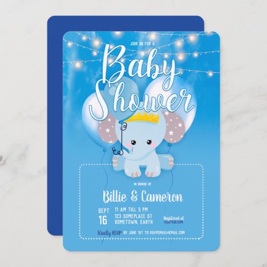 Invitation Ballons Bleus Baby Elephant Script Baby shower (Devant / Derrière)