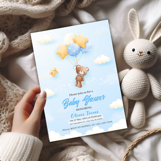 Invitation Ballons bleus, baby shower Garçon Ours Teddy
