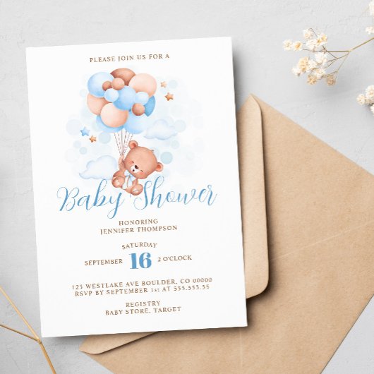 Invitation Ballons Bleus Baby shower Ours en Teddy