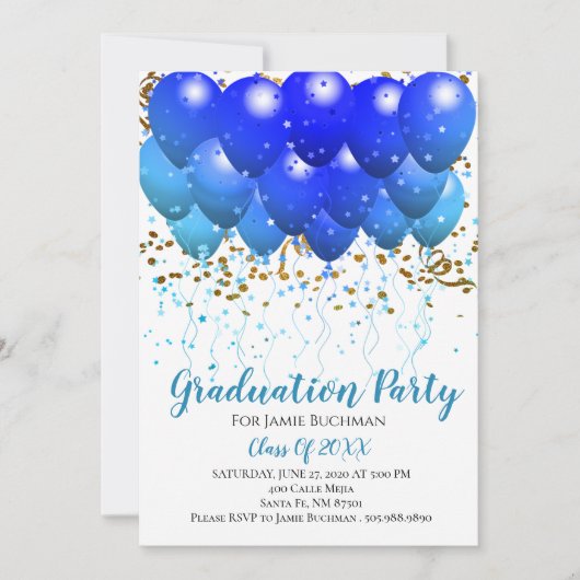 Invitation Ballons Bleus Bleus Gold Confetti Blanc (Devant)