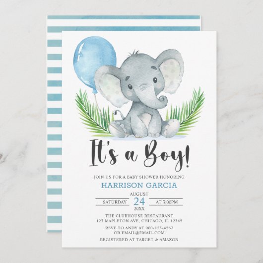 Invitation Ballons Bleus C'est un garçon mignon Baby shower é (Devant / Derrière)