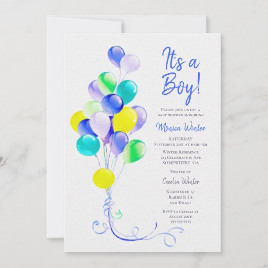 Invitation Ballons Bleus Douche bébé (Devant)