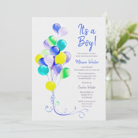 Invitation Ballons Bleus Douche bébé (Debout devant)