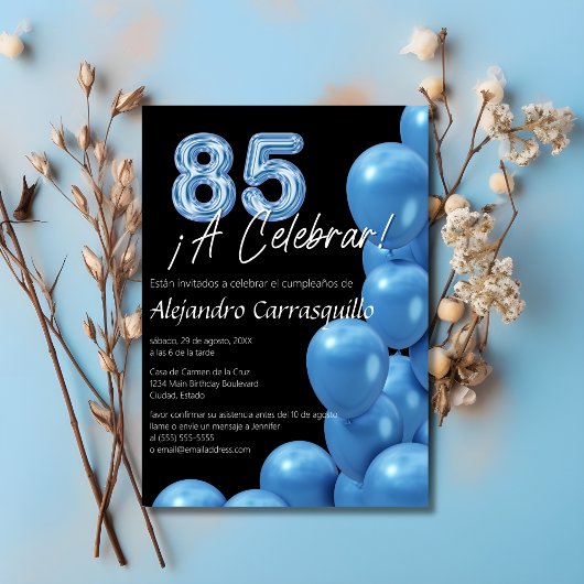 Invitation Ballons Bleus Espagnol Noir fin 85e anniversaire