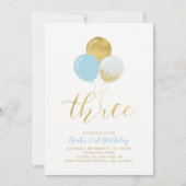 Invitation Ballons Bleus et Dorés Trois 3e Anniversaire (Devant)
