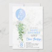 Invitation Ballons Bleus Fleurs de Foliage Baby shower garçon (Devant)
