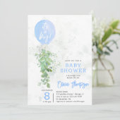 Invitation Ballons Bleus Fleurs de Foliage Baby shower garçon (Debout devant)