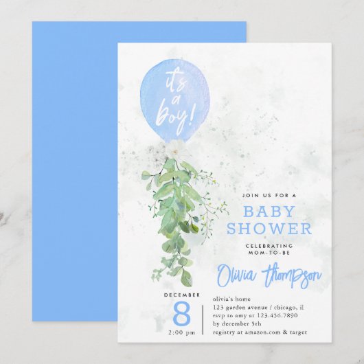 Invitation Ballons Bleus Fleurs de Foliage Baby shower garçon (Devant / Derrière)