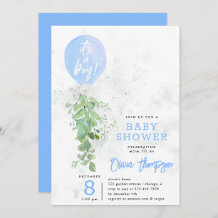 Invitation Ballons Bleus Fleurs de Foliage Baby shower garçon